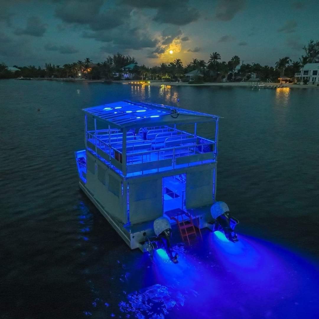 Nighttime kayaking tour in Grand Cayman Bioluminescent Bay showing glowing blue water trails and tour boats.